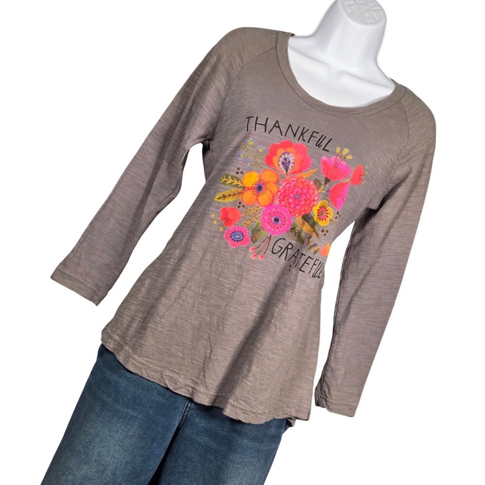 Natural Life Women Small 3/4 Sleeve Graphic Tee Gray Thankful Grateful Floral